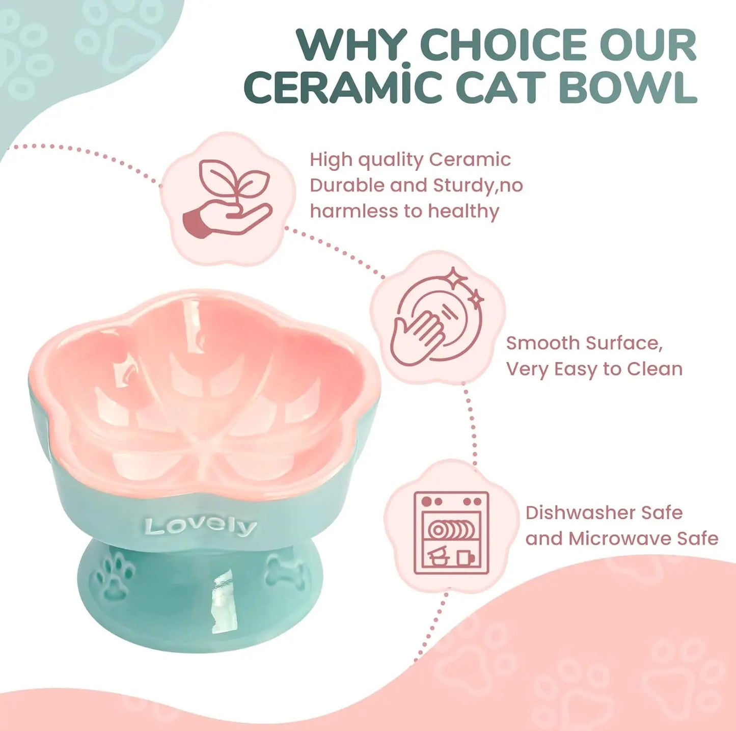 Elevated Ceramic Cat Bowl with Tilt, Anti-Vomit & Whisker-Friendly, Microwave Safe in Pink 5.8"