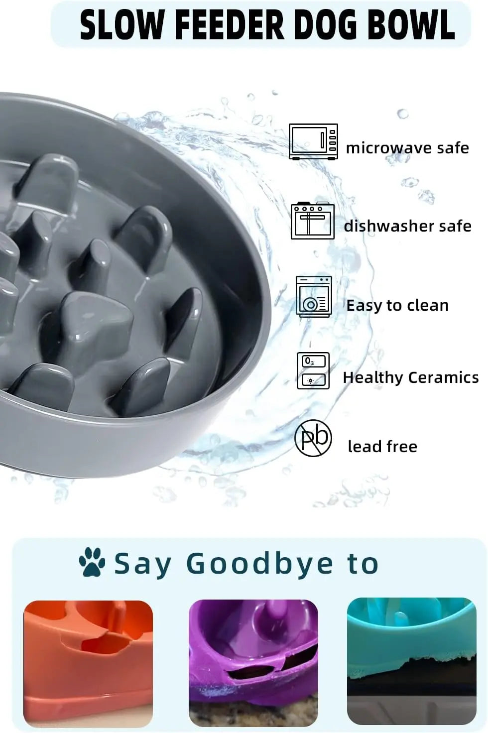 Ceramic Slow Feeder Bowl for Medium Dogs, Grey Porcelain Eater Dish Promotes Healthy Eating